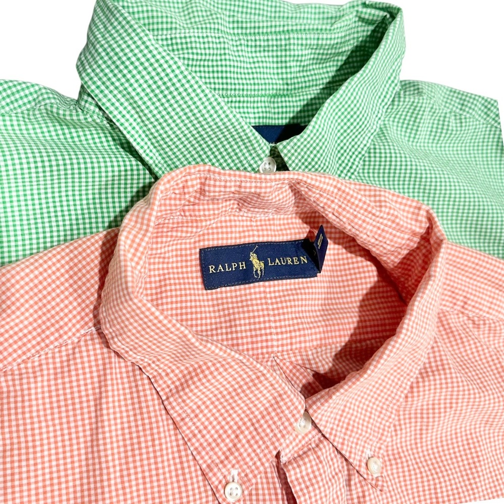 Ralph Lauren Mens XXL Gingham Short Sleeve Button Down Shirts X2 Green Orange